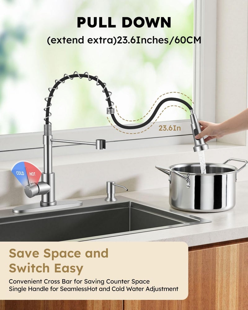 Arofa Kitchen Faucet with Soap Dispenser, Stainless Steel Sink Faucets with Pull-Down Sprayer 2 Mode, Single Handle RV Faucet for 1 or 3 Hole, Brushed Nickel Kitchen Faucets with Sprayer - Image 2